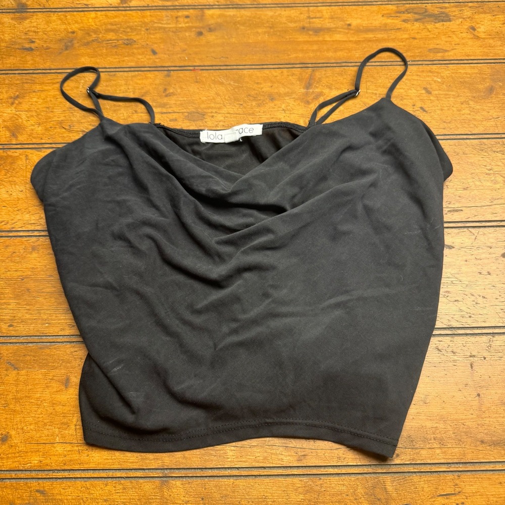 lola grace black cowl neck spaghetti strap crop cami top women's size M‎